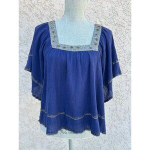 Retro Free People Festival Boho Gauzy Cotton Square Neck Flowy Top Blouse Large